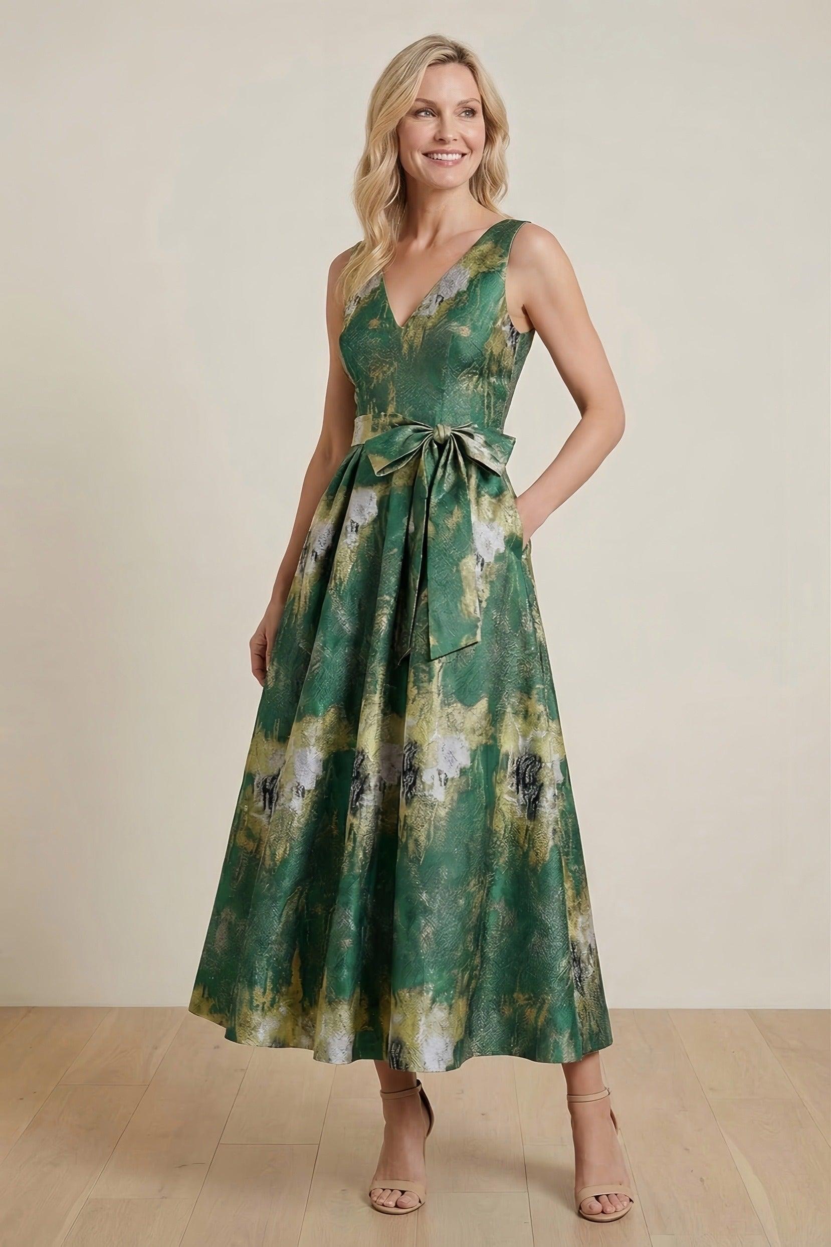 A-Line Tea-Length Jacquard Mother of the Bride Dress CM0425 - Garden Green Floral - COCOMELODY
